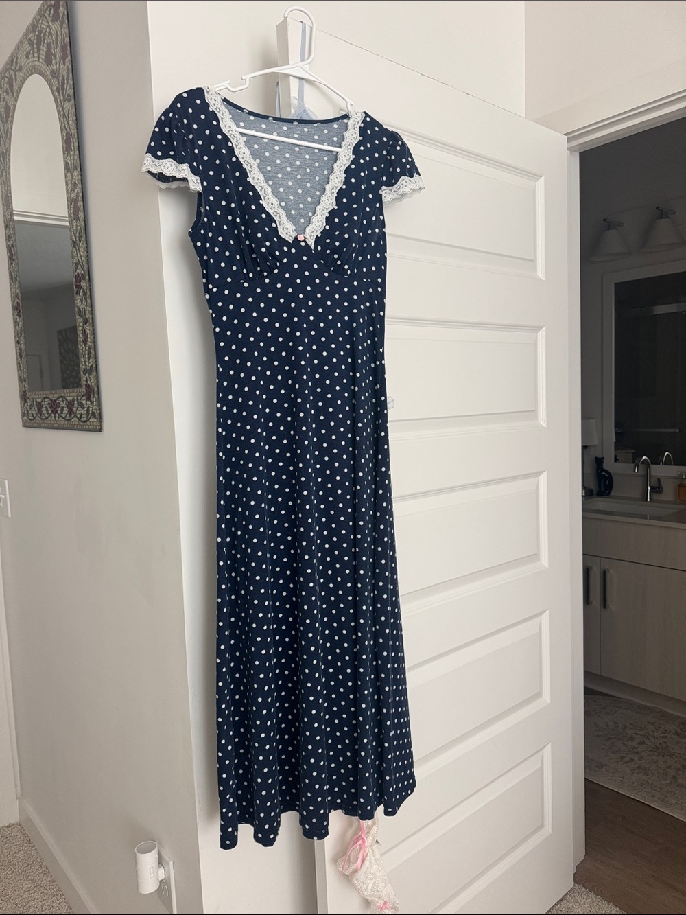 Navy Polka Dot Lace-Trim Midi Dress